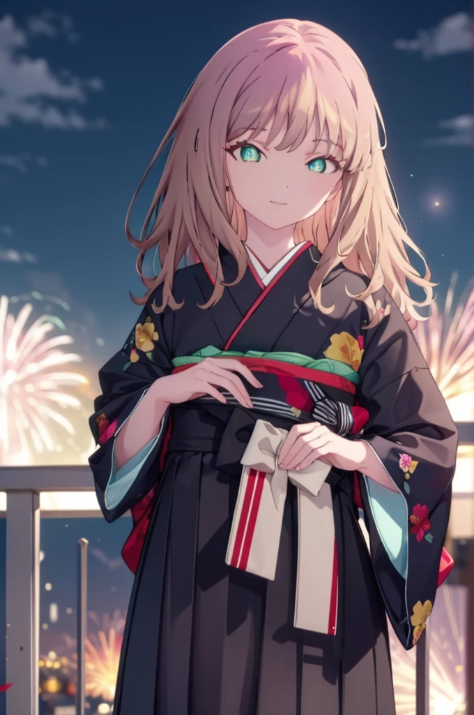 Yume Minami,sss dynazenon ,Brown Hair,Green Eyes,hair tied back,Flower hair ornament,Black Japanese Clothing,Thick sleeves,Long skirt,Sandals,So that the whole body goes into the illustration,smile,Fireworks in the night sky,Fireworks,The place is a fireworks display、Time is night,日本のFestivalり,夏Festivalりの屋台、Red lantern,break outdoors, Festival,break looking at viewer, Upper Body,(Cowboy Shot:1. 5) , break (masterpiece:1.2), Highest quality, High resolution, unity 8k wallpaper, (shape:0.8), (Beautiful and beautiful eyes:1.6), Highly detailed face, Perfect lighting, Extremely detailed CG, (Perfect hands, Perfect Anatomy),