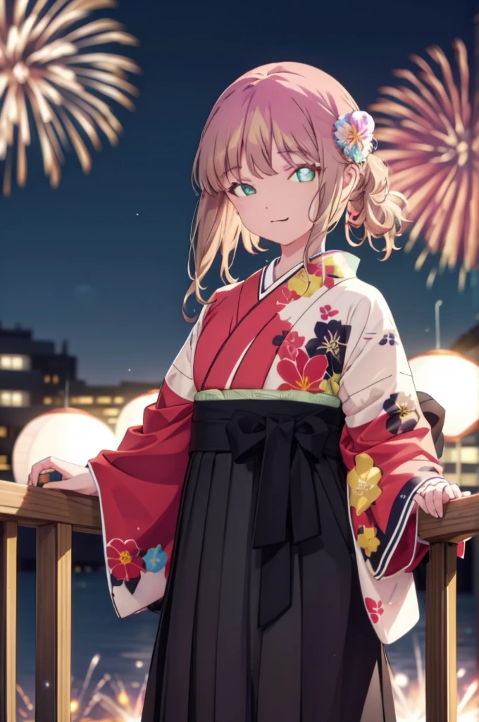 Yume Minami,sss dynazenon ,Brown Hair,Green Eyes,hair tied back,Flower hair ornament,Black Japanese Clothing,Thick sleeves,Long skirt,Sandals,So that the whole body goes into the illustration,smile,Fireworks in the night sky,Fireworks,The place is a fireworks display、Time is night,日本のFestivalり，夏Festivalりの屋台、Red lantern,break outdoors, Festival,break looking at viewer, Upper Body,(Cowboy Shot:1. 5) , break (masterpiece:1.2), Highest quality, High resolution, unity 8k wallpaper, (shape:0.8), (Beautiful and beautiful eyes:1.6), Highly detailed face, Perfect lighting, Extremely detailed CG, (Perfect hands, Perfect Anatomy),