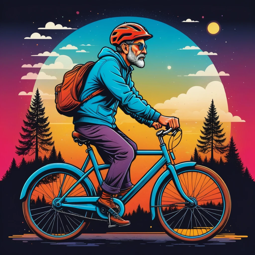 Vector graphics aesthetic, Surreal image in the style of H..gram. Wells, When I see a grown man on a bicycle, I am calm for humanity., Vector graphics, high resolution, clear contours, colorful degraded