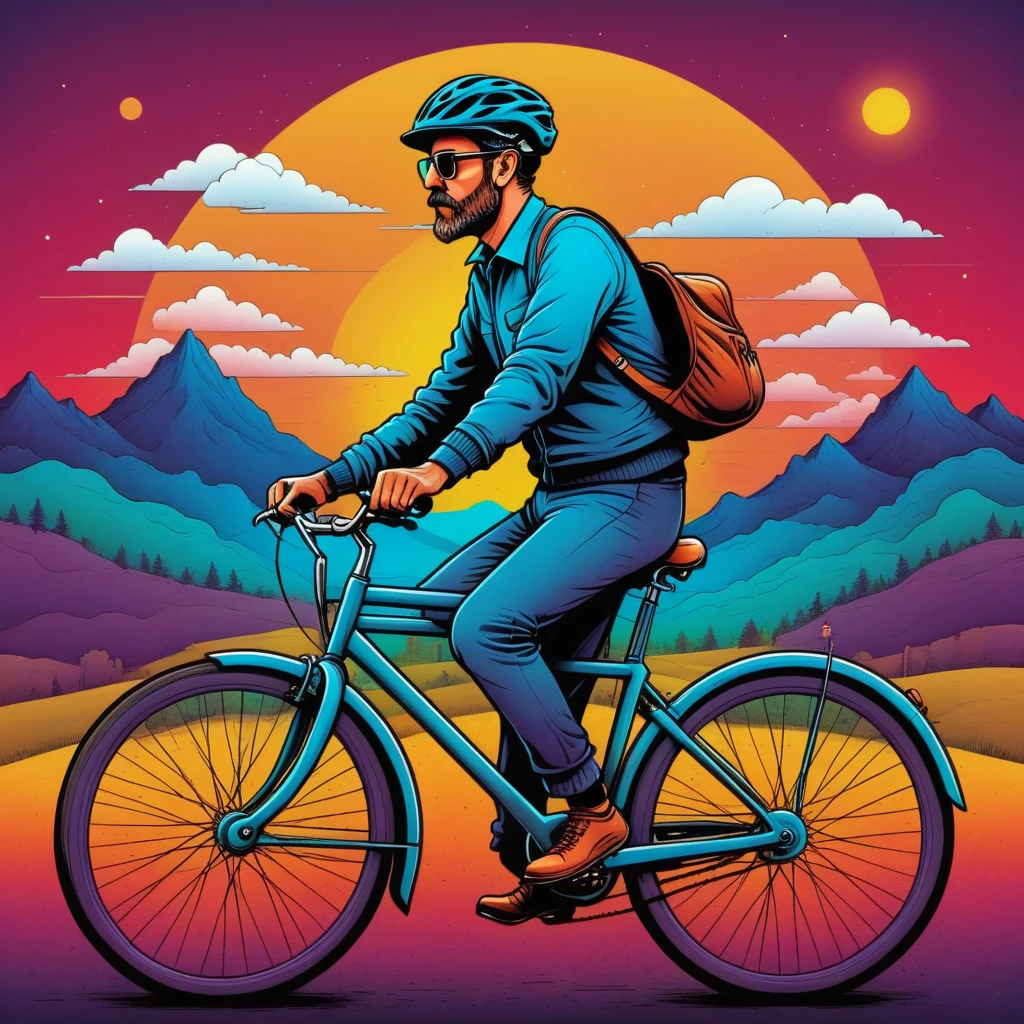 Vector graphics aesthetic, Surreal image in the style of H..gram. Wells, When I see a grown man on a bicycle, I am calm for humanity., Vector graphics, high resolution, clear contours, colorful degraded