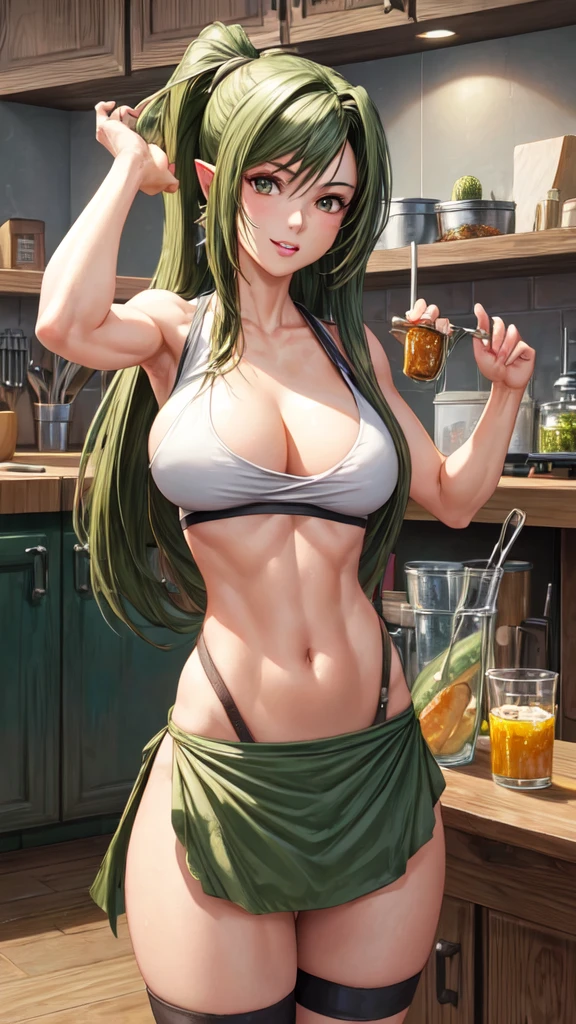 best quality, masterpiece, highres, detailed, perfect anatomy, Picklefy, pickle, science experiment, pickle body, pickle with human face, 1girl, tifa lockhart's face, kitchen, monster girl,