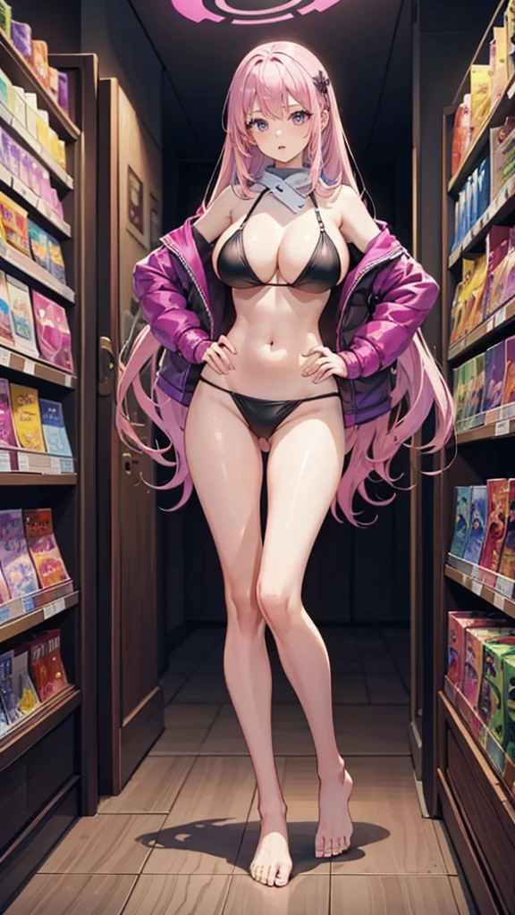 Masterpiece, best quality, Masterpiece, best quality, 1 woman , I , pink hair , purple eyes , sly face , black bikini , big breasts , abdomen , Long legs , Put your hands on your hips.... , Barefoot , full body , convenience store ,