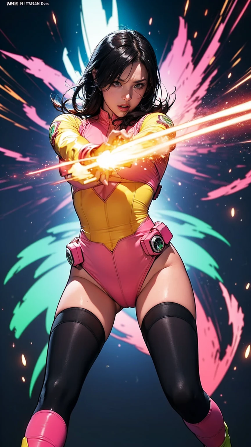 Solo, A brave and courageous image of a 6 member ranger team, Each one is decorated in vibrant colors such as:: ((Pink)), red is front of center, violet, Green, yellow, blue black, white,. Dynamic poses in a background that exudes energy and courage, neon, fire, plasma, Fluorescent, shocking, pink big bomber, splashing pink, running, fighting pose, action pose, Embodying the essence of the classic Sentai superhero team. Each Ranger:: The attire is sophisticated and modern, Each color has elements that reflect its theme., Ready for action. ((Camel Toe)), weapons, in sunset background , in cinematic lighting, cover art mixed cinema poster style,