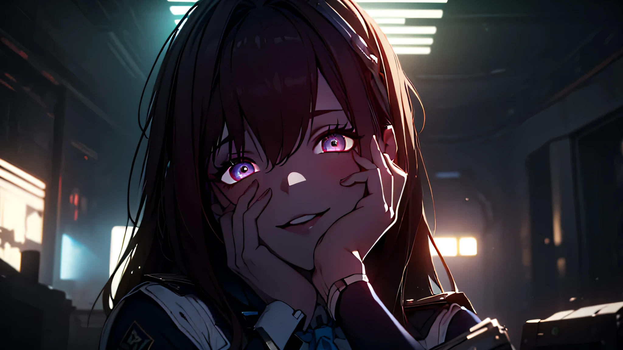 ((Best quality)), ((masterpiece)), (detailed:1.4), 3D, an image of a beautiful cyberpunk female, Yandere , Yandere Face , Trance , Trance Eyes , yameroyandere , constricted pupils , yandere , empty eyes . shaded face , crazy eyes , glowing brown eyes , crazy smile , Marian , long brown hair , White Military Uniform , Brown Eyes, Blue Barret, Blue Necktie ,Blue Ribbon , White undercloth, large breasts, HDR (High Dynamic Range),Ray Tracing,NVIDIA RTX,Super-Resolution,Unreal 5,Subsurface scattering,PBR Texturing,Post-processing,Anisotropic Filtering,Depth-of-field,Maximum clarity and sharpness,Multi-layered textures,Albedo and Specular maps,Surface shading,Accurate simulation of light-material interaction,Perfect proportions,Octane Render,Two-tone lighting,Wide aperture,Low ISO,White balance,Rule of thirds,8K RAW,