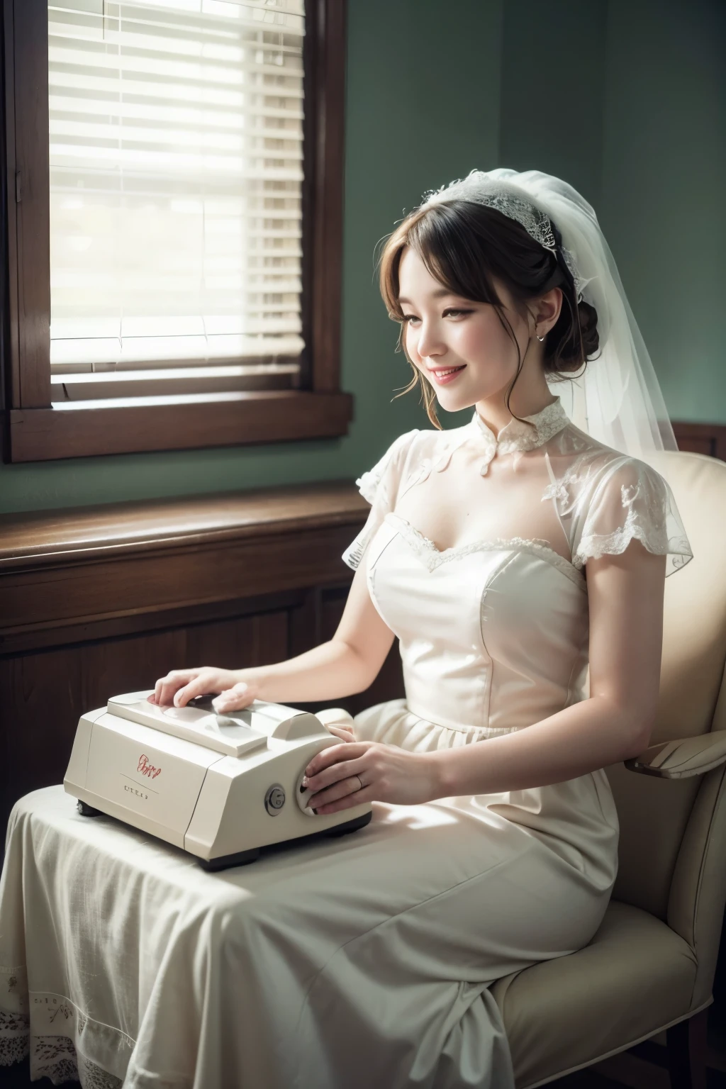"A vintage image of a telephone from the 90s, nostalgic style. The phone must be decorated with festive wedding-related elements, 15 years or baptisms. Include details such as flowers, ribbons and lace around the phone. Soft backgrounds with pastel tones and a retro touch to give it a warm and elegant atmosphere. Make sure the composition has a harmonious and cheerful aesthetic, perfect for a special event
