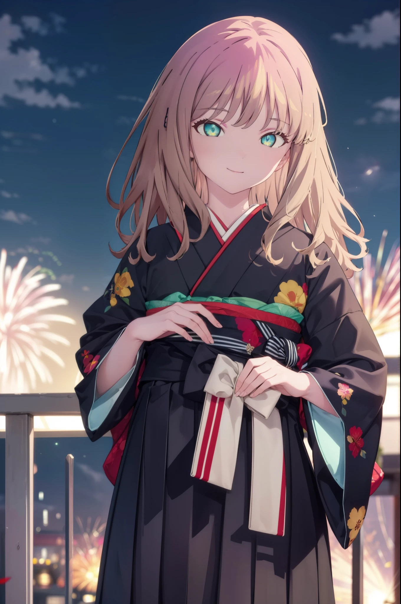 Yume Minami,sss dynazenon ,Brown Hair,Green Eyes,hair tied back,Flower hair ornament,Black Japanese Clothing,Thick sleeves,Long skirt,Sandals,So that the whole body goes into the illustration,smile,Fireworks in the night sky,Fireworks,The place is a fireworks display、Time is night,日本のFestivalり，夏Festivalりの屋台、Red lantern,break outdoors, Festival,break looking at viewer, Upper Body,(Cowboy Shot:1. 5) , break (masterpiece:1.2), Highest quality, High resolution, unity 8k wallpaper, (shape:0.8), (Beautiful and beautiful eyes:1.6), Highly detailed face, Perfect lighting, Extremely detailed CG, (Perfect hands, Perfect Anatomy),