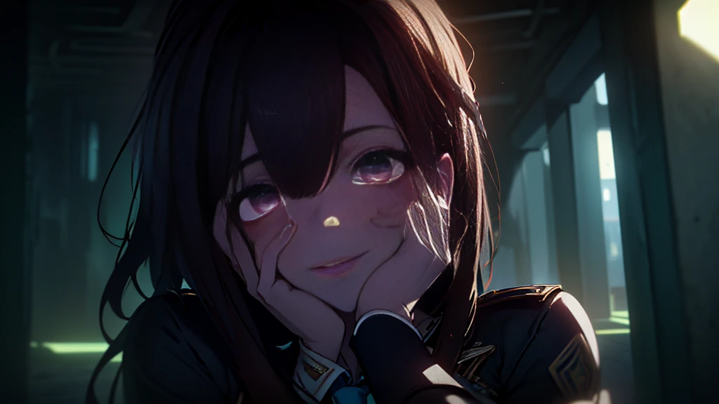 ((Best quality)), ((masterpiece)), (detailed:1.4), 3D, an image of a beautiful cyberpunk female, Yandere , Yandere Face , Trance , Trance Eyes , yameroyandere , constricted pupils , yandere , empty eyes . shaded face , crazy eyes , glowing brown eyes , crazy smile , Marian , tied hair, long brown hair , White Military Uniform , Brown Eyes, Blue Barret, Blue Necktie ,Blue Ribbon , White undercloth, large breasts, HDR (High Dynamic Range),Ray Tracing,NVIDIA RTX,Super-Resolution,Unreal 5,Subsurface scattering,PBR Texturing,Post-processing,Anisotropic Filtering,Depth-of-field,Maximum clarity and sharpness,Multi-layered textures,Albedo and Specular maps,Surface shading,Accurate simulation of light-material interaction,Perfect proportions,Octane Render,Two-tone lighting,Wide aperture,Low ISO,White balance,Rule of thirds,8K RAW,