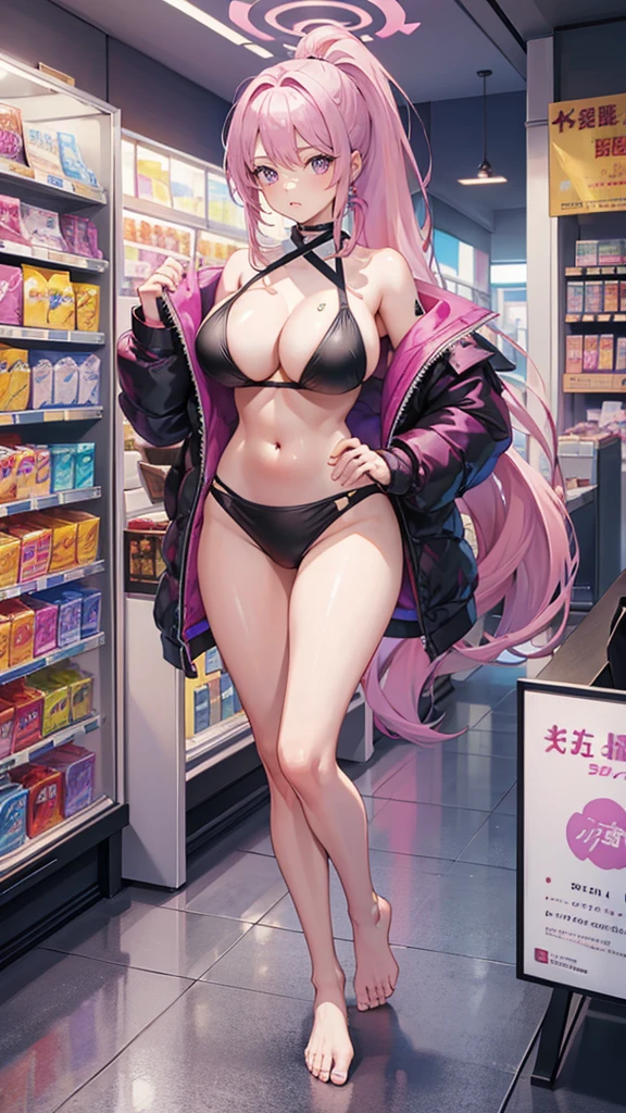 Masterpiece, best quality, Masterpiece, best quality, 1 woman , I , pink hair , Ponytail , purple eyes , sly face , black bikini , big breasts , abdomen , Long legs , Put your hands on your hips.... , Barefoot , full body , convenience store ,