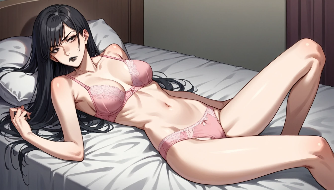 score_9, score_8_up, score_7_up, source_anime, rating_explicit, beautyful mature japanese woman, slim body, slender body, big long fringe black hair, black lipstick, pink bra, serious face, sit in a bed, pink panties, motel room