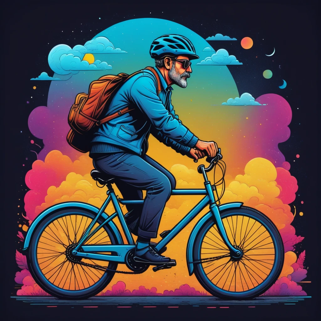 Vector graphics aesthetic, Surreal image in the style of H..gram. Wells, When I see a grown man on a bicycle, I am calm for humanity., Vector graphics, high resolution, clear contours, colorful degraded