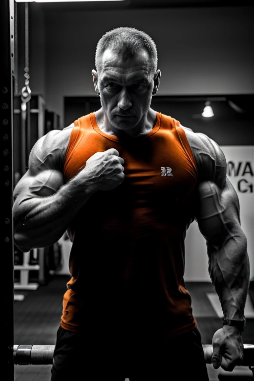 8K(masutepiece:1.2),(Best Quality:1.2),(Ultra-detailed:1.2),(highly contrast:1.2),(monochromes:1.1),(Strong men),(Orange T-shirt),(Bodybuilding Gym),(dark environment),(A light),(Monochrome photography:1.1), Dorian Yates,