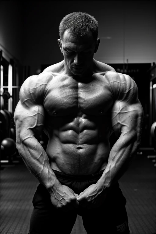 8K(masutepiece:1.2),(Best Quality:1.2),(Ultra-detailed:1.2),(highly contrast:1.2),(monochromes:1.1),(Strong men),(Orange T-shirt),(Bodybuilding Gym),(dark environment),(A light),(Monochrome photography:1.1), Dorian Yates,