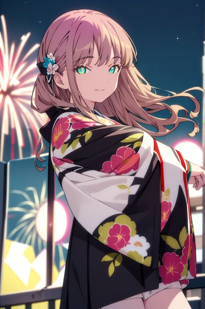 Yume Minami,sss dynazenon ,Brown Hair,Green Eyes,hair tied back,Flower hair ornament,Black Japanese Clothing,Thick sleeves,Sandals,So that the whole body goes into the illustration,smile,Fireworks in the night sky,Fireworks,The place is a fireworks display、Time is night,break outdoors, Festival,break looking at viewer, Upper Body,(Cowboy Shot:1. 5) , break (masterpiece:1.2), Highest quality, High resolution, unity 8k wallpaper, (shape:0.8), (Beautiful and beautiful eyes:1.6), Highly detailed face, Perfect lighting, Extremely detailed CG, (Perfect hands, Perfect Anatomy),