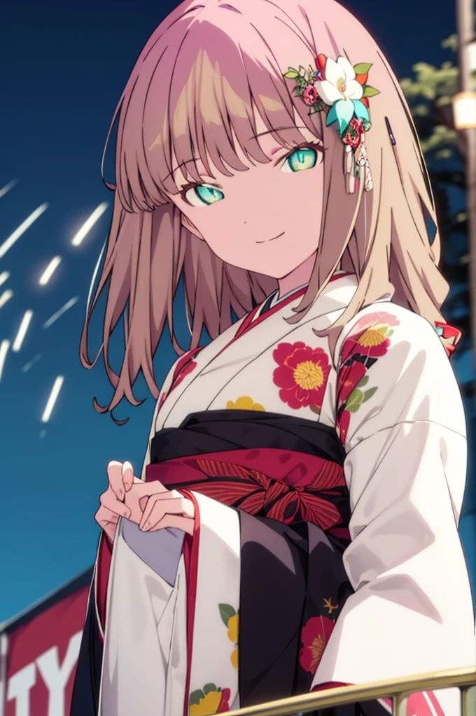 Yume Minami,sss dynazenon ,Brown Hair,Green Eyes,hair tied back,Flower hair ornament,Black Japanese Clothing,Thick sleeves,Sandals,So that the whole body goes into the illustration,smile,Fireworks in the night sky,Fireworks,The place is a fireworks display、Time is night,break outdoors, Festival,break looking at viewer, Upper Body,(Cowboy Shot:1. 5) , break (masterpiece:1.2), Highest quality, High resolution, unity 8k wallpaper, (shape:0.8), (Beautiful and beautiful eyes:1.6), Highly detailed face, Perfect lighting, Extremely detailed CG, (Perfect hands, Perfect Anatomy),