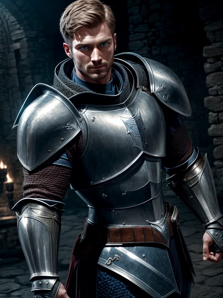 Knight, 4k, ultrarealistic, short hair, blue eyes, 29 years old, strong, solo, large, muscular