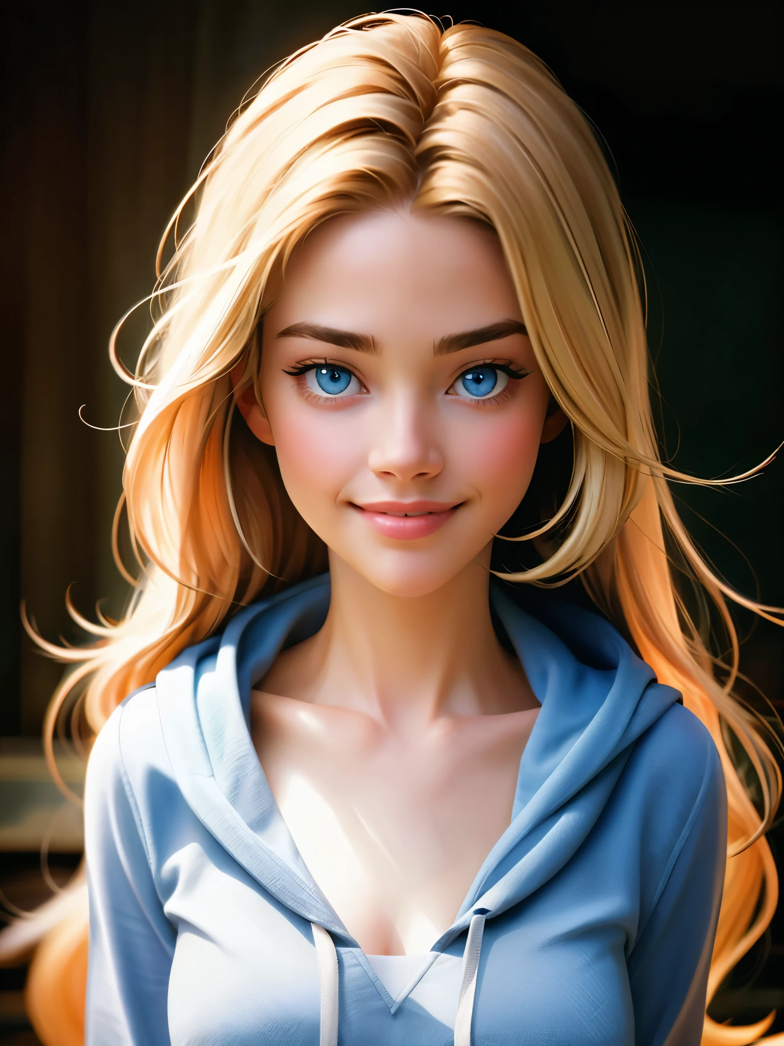 Realistic photo of a beautiful d3n1s3r woman, 1girl,solo,long hair,breasts,looking at viewer,smile,blue eyes,blonde hair,collarbone,upper body,hood,lips,portrait,realistic, soft lighting, professional Photography, Photorealistic, detailed, RAW, analog, sharp focus, 8k, HD, high quality, masterpiece