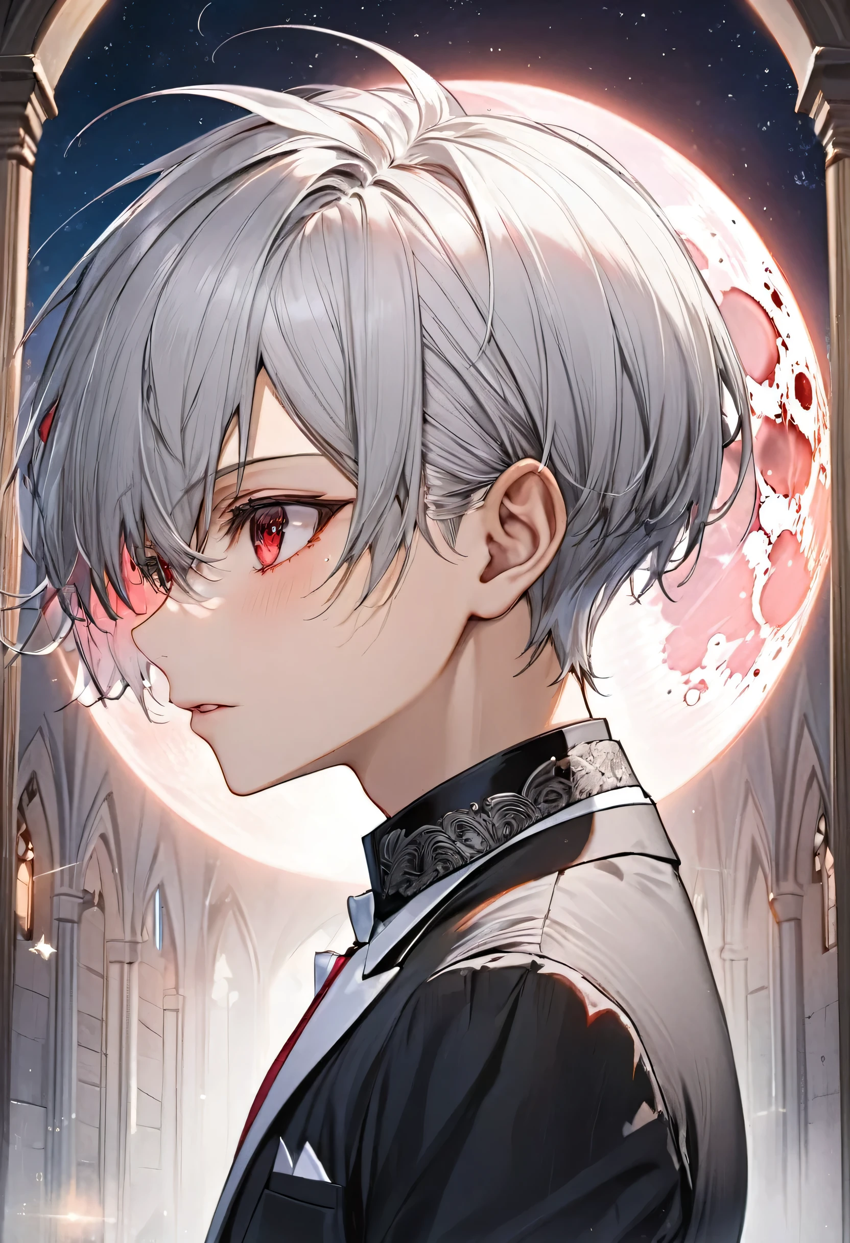 (profile:2 close-up face), ((16 yo)), (solo:2 crew cut silver hair very short hair divine cool boy, detailed red eyes, Confusion face, flat chest), break, (in a butler suit), break, (in the Chapel Terrace), (background detailed biggest pink moon), BREAK, perfect anatomy, masterpiece, best quality, 16k, beautiful detailed night, daydreaming expression.
