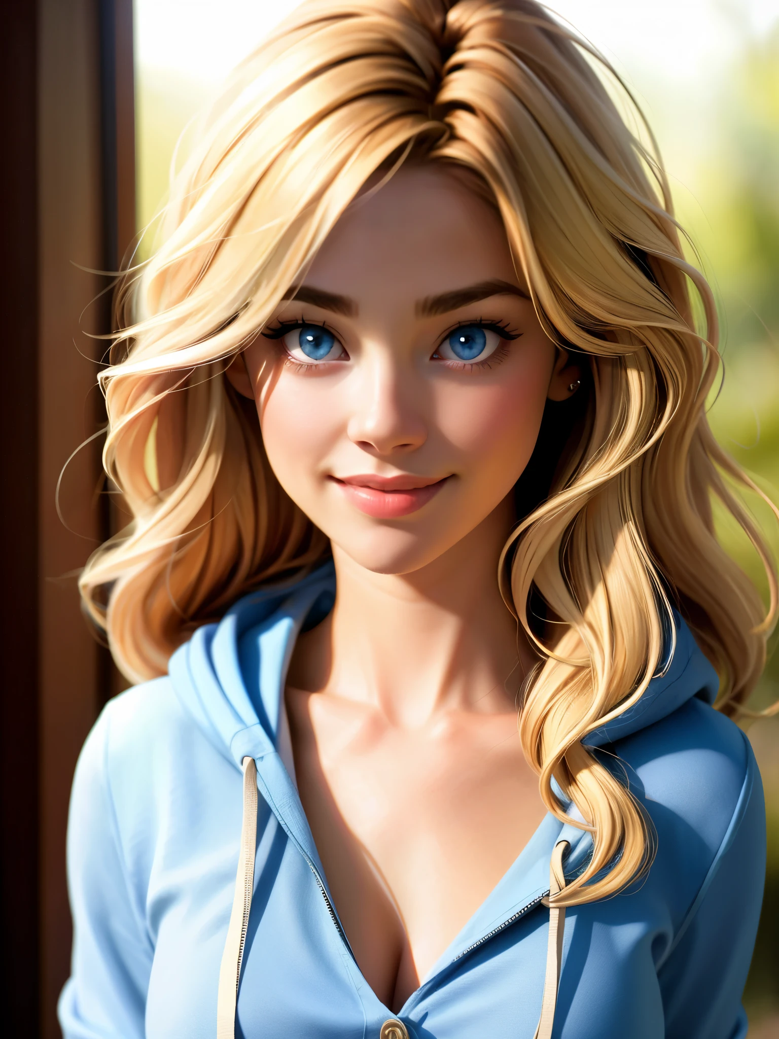 Realistic photo of a beautiful d3n1s3r woman, 1girl,solo,long hair,breasts,looking at viewer,smile,blue eyes,blonde hair,collarbone,upper body,hood,lips,portrait,realistic, soft lighting, professional Photography, Photorealistic, detailed, RAW, analog, sharp focus, 8k, HD, high quality, masterpiece