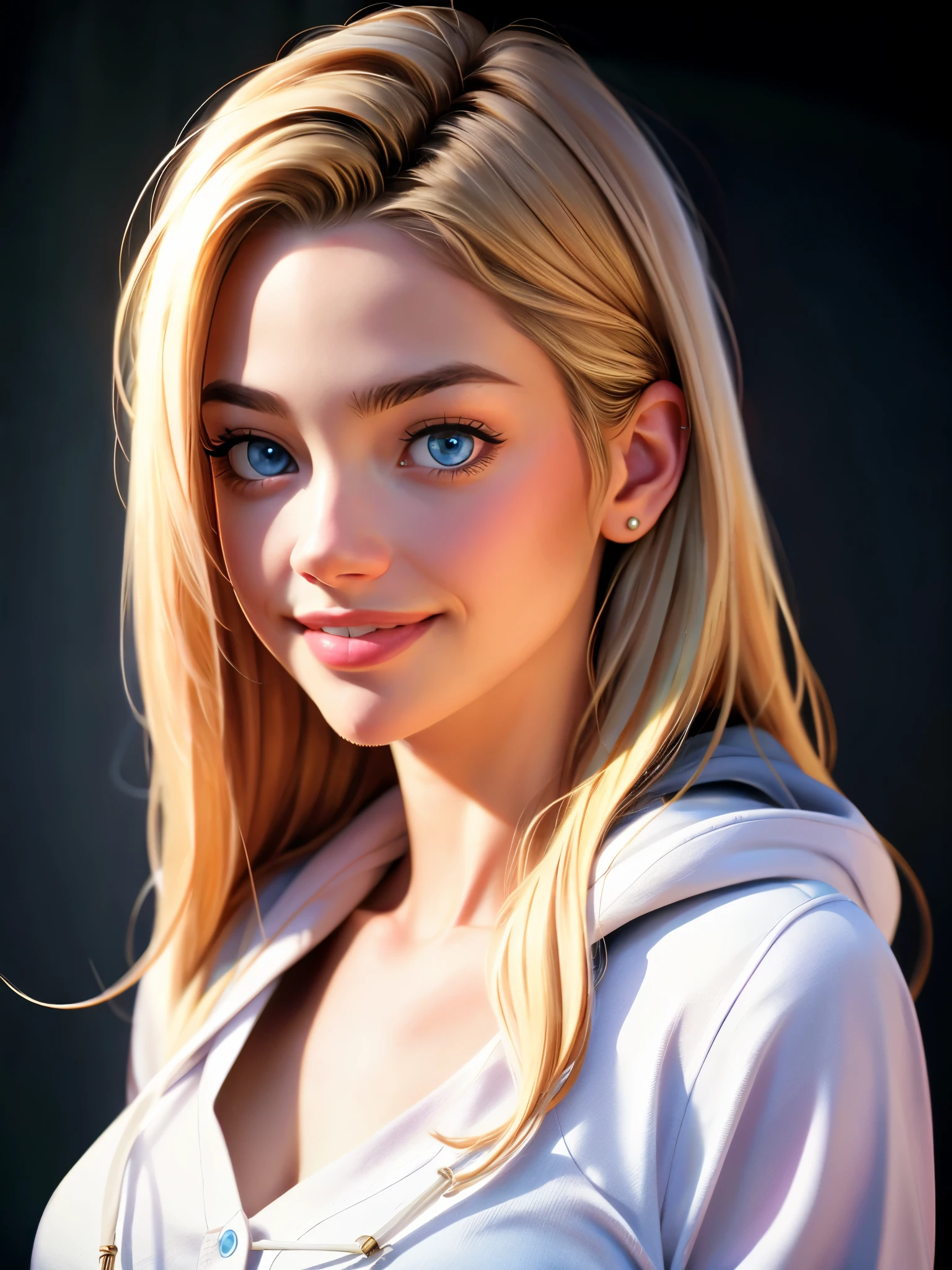 Realistic photo of a beautiful d3n1s3r woman, 1girl,solo,long hair,breasts,looking at viewer,smile,blue eyes,blonde hair,collarbone,upper body,hood,lips,portrait,realistic, soft lighting, professional Photography, Photorealistic, detailed, RAW, analog, sharp focus, 8k, HD, high quality, masterpiece