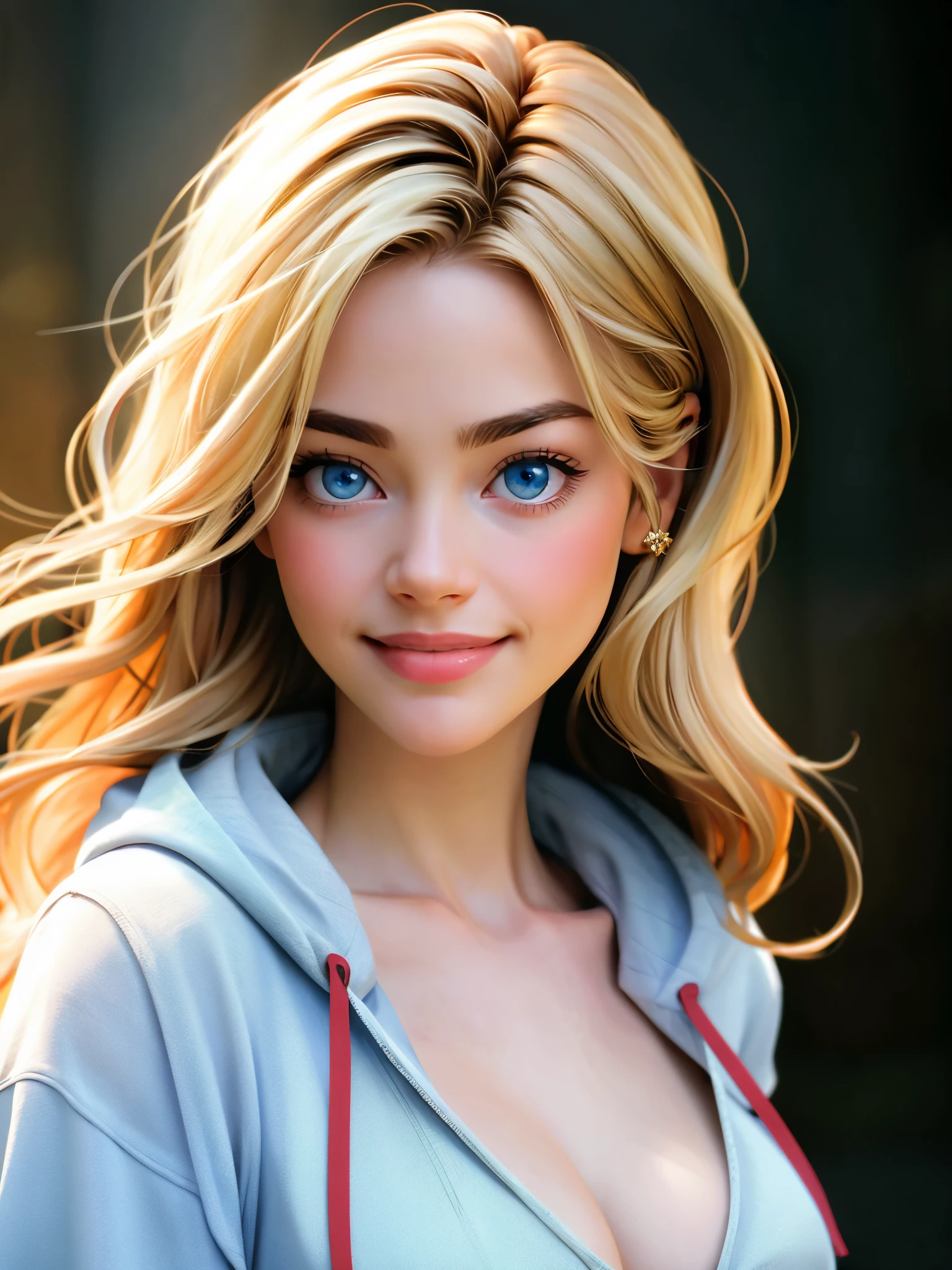 Realistic photo of a beautiful d3n1s3r woman, 1girl,solo,long hair,breasts,looking at viewer,smile,blue eyes,blonde hair,collarbone,upper body,hood,lips,portrait,realistic, soft lighting, professional Photography, Photorealistic, detailed, RAW, analog, sharp focus, 8k, HD, high quality, masterpiece