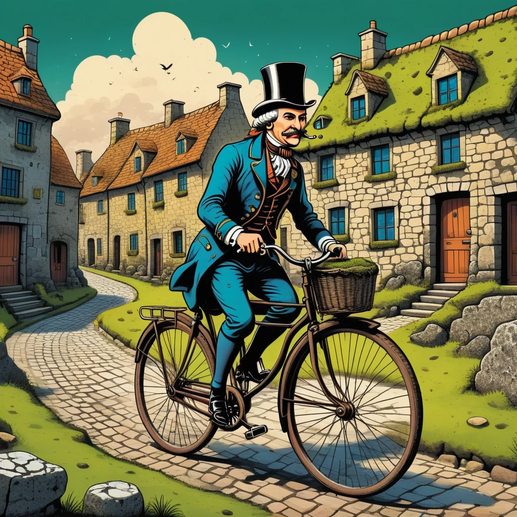 Aesthetics of Vector graphics, Surreal image of an 18th century gentleman on a retro bicycle., riding a bike through the streets of a drawn ancient city, houses made of stones covered with moss and grass, surreal image of a retro bicycle, Vector graphics, high resolution, clear contours, colorful degraded