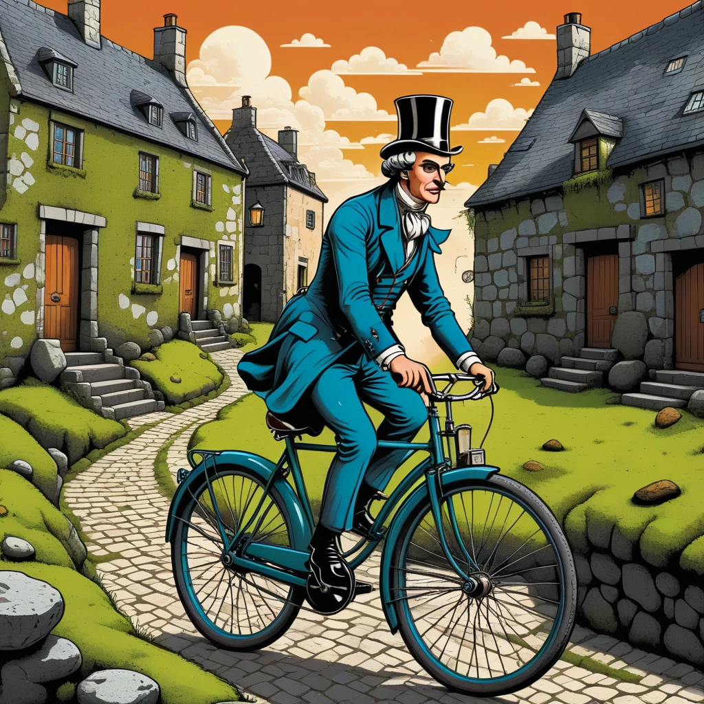 Aesthetics of Vector graphics, Surreal image of an 18th century gentleman on a retro bicycle., riding a bike through the streets of a drawn ancient city, houses made of stones covered with moss and grass, surreal image of a retro bicycle, Vector graphics, high resolution, clear contours, colorful degraded