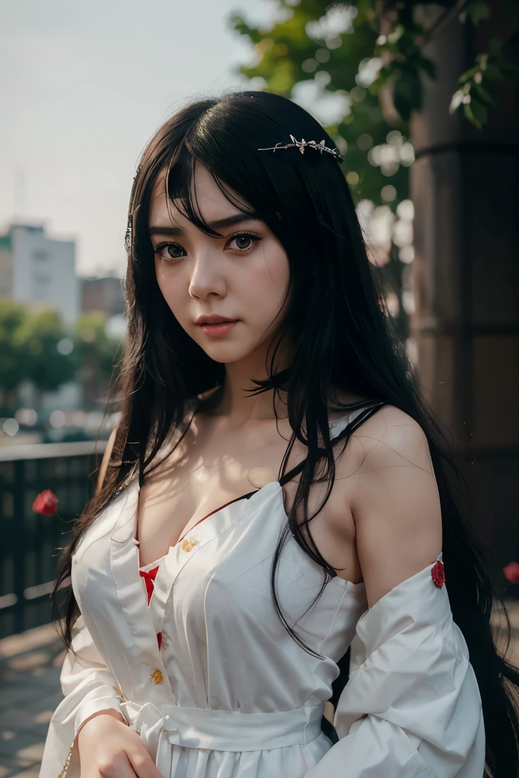 tmasterpiece, Best quality at best, 1girll, Hinata Hyuga ,High midfielders breasts,Off-the-shoulder attire,(cleavage),(upperbody closeup),Raised sexy,is shy,ssmile,with black hair, long whitr hair, (Green eyeballs:1.4), Forehead protection, the cherry trees,Cherry blossoms flying,Red clothes,Zipper half ,realisticphoto ,animerealitic, realistic , perffeck charakter , quality detail , ultra high , anime from realistic , shoflen byakugan ,1girl, Hinata Hyuga , in anime Naruto , short hair, black hair, red eyes, smile, beautiful, sexy dress, sexy clothes, red clothes, wear red glasses, very big breast, realistic clothes, detail clothes, outdoor background, ultra detail, realistic ,quality detailed ,high eyes , face realistic , full body eyes , perffect charater