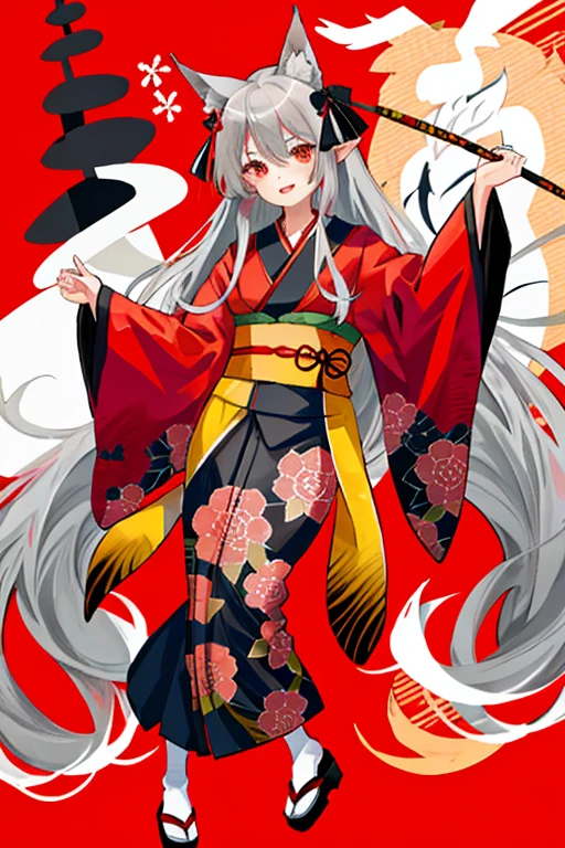 anime girl with long grey hair, {1 red eye and 1 grey eye}, dressed in a kimono with a fox tail and fox ears