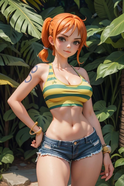 (masterpiece), best quality, expressive eyes, perfect face, (deep jungle background), (standing), (smirk), (cleavage view), (1girl, 18 years old, Nami (one piece), fair skin, orange hair, brown eyes, hourglass figure, thin body, skinny body, petite_body, large breasts, huge breasts, oppai, large cleavage, wide hips, thick thighs), (nami (one piece), nami strong world clothes, short hair, pigtails, left shoulder tattoo, exposed cleavage, red strap shirt, green and yellow stripes, sleeveless, croptop, bracelet, minishorts, black shorts),