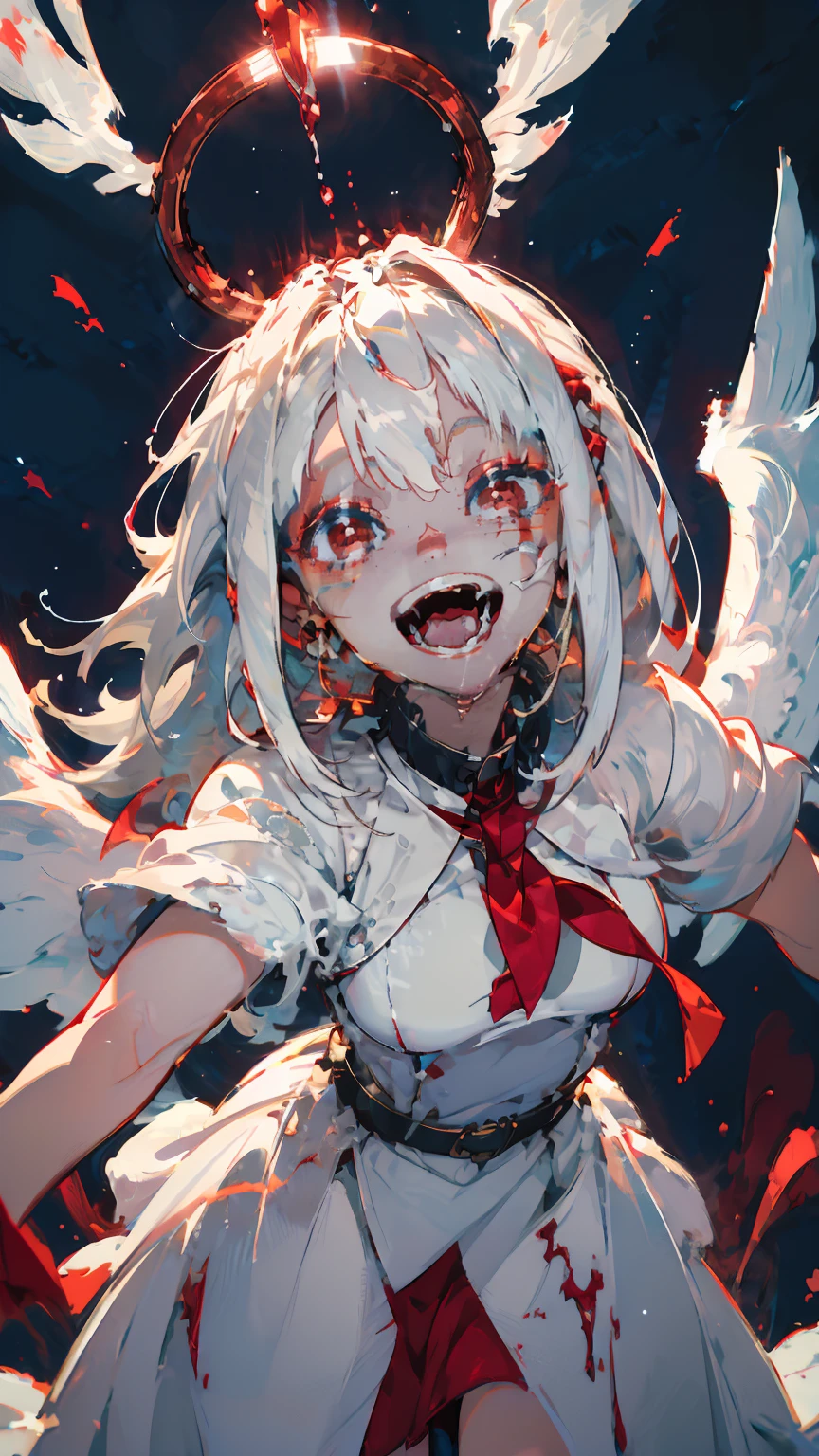 (woman\(A blood-red, dark angel halo is on his head., Angel Girl,My mouth is split,Pure white hair,Red eyes, Pure white skin, White costume,The girl is laughing wildly with her mouth wide open,Eyes with dilated pupils,Scary,A large amount of dark red liquid drips from the mouth and eyes.,Crazy smile,Monster,Monster mouth,\) pure white world、Looking up at me,Attacking pose,Wings made of blood (I&#39;m in the beautiful outdoors, Monster tentacles,Horror, mysterious,Blood Monster (Dark red liquid floating in the air,Spooky background),quality\(8K,非常に精細なCGユニットのwallpaper, masterpiece,High resolution,top-quality,top-quality real texture skin,Surreal,Increase the resolution,RAW Photos,最高quality,Very detailed,wallpaper,Cinema Lighting,Ray-tracing,Golden Ratio\),Long Shot,Overall, it looks ephemeral.,The depiction range is from the waist up,qualityの高い顔の描写,High-resolution facial depiction,ephemeral,Low saturation, Girl,1 person, evil spirit