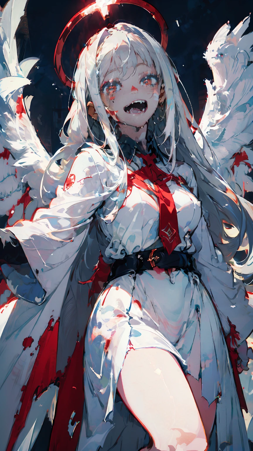 (woman\(A blood-red, dark angel halo is on his head., Angel Girl,My mouth is split,Pure white hair,Red eyes, Pure white skin, White costume,The girl is laughing wildly with her mouth wide open,Eyes with dilated pupils,Scary,A large amount of dark red liquid drips from the mouth and eyes.,Crazy smile,Monster,Monster mouth,\) pure white world、Looking up at me,Attacking pose,Wings made of blood (I&#39;m in the beautiful outdoors, Monster tentacles,Horror, mysterious,Blood Monster (Dark red liquid floating in the air,Spooky background),quality\(8K,非常に精細なCGユニットのwallpaper, masterpiece,High resolution,top-quality,top-quality real texture skin,Surreal,Increase the resolution,RAW Photos,最高quality,Very detailed,wallpaper,Cinema Lighting,Ray-tracing,Golden Ratio\),Long Shot,Overall, it looks ephemeral.,The depiction range is from the waist up,qualityの高い顔の描写,High-resolution facial depiction,ephemeral,Low saturation,Little Girl,1 person, evil spirit