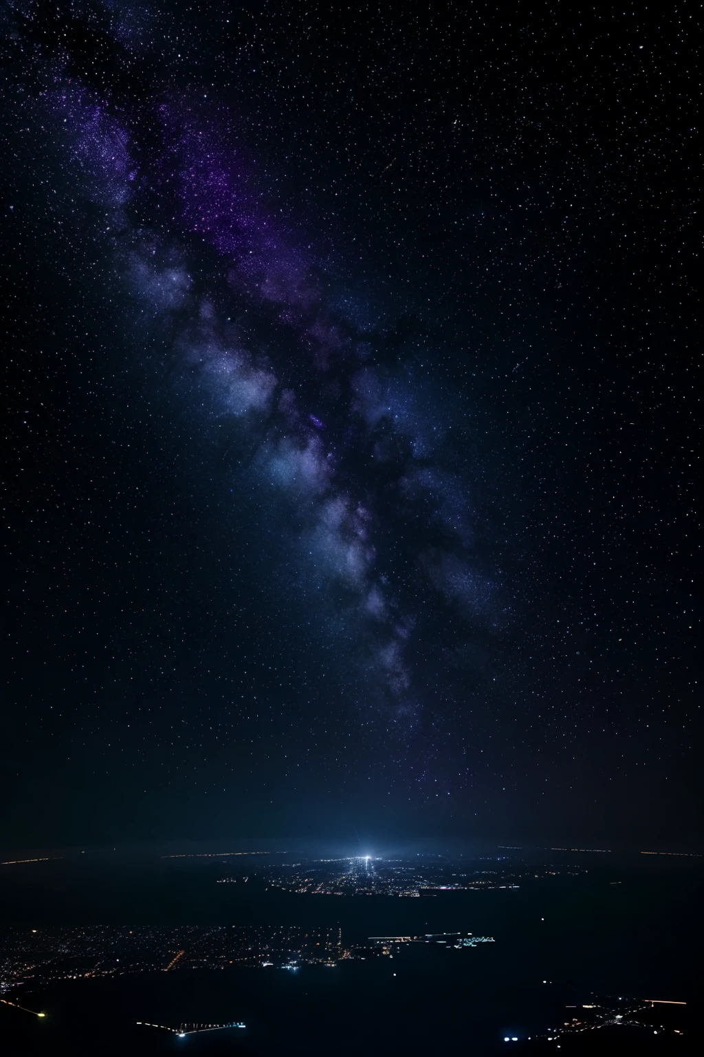 starry sky with the constellations of the zodiac, shades of purple as if they were nebulae, vast space, cyberpunk city at the bottom,  