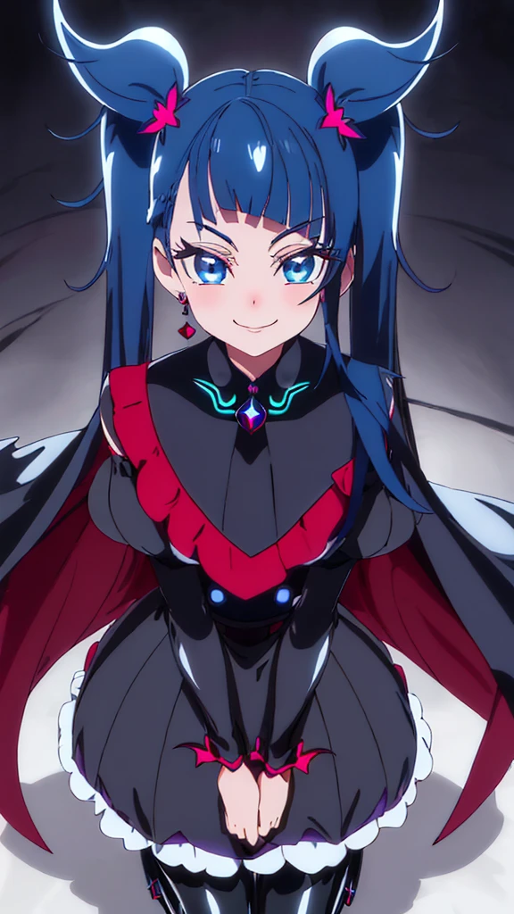 Highest quality, Super detailed,One girl, alone, {cure_null_hirogarunullprecure:1.15}, Dark blue hair, blue eyes, Blue flames in the eyes, Long Hair, Twin tails, Magical girl, bangs, Open your mouth, Redhead, multicoloRedhead, One girl, blunt bangs, Darken your clothes, hair ornaments, Wicked Smile, devilish aura (Shiny fabric:1.5), Full Body Shot, Purple Gemstone, Fascinating, blush, (Beautiful attention to detail:1.6), Highly detailed face, Perfect lighting, Highly detailed CG, (Perfect hands, Perfect Anatomy), devil, Red and black color scheme, Shiny material, Grin, blackリボン, Black satin gloves, Evil clover leaf ornament, Black ruffles, jewelry, corruption, Latex gloss, Black Gothic Cloak, Wicked Smile, Dark world background, Red Moon, cloudy null, CG Style, One-sided black wing,deep shaded face,sadistic smile,Malice,contempt,laugh at,black