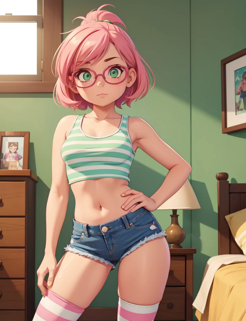 1girl, small breasts, small hips, green eyes, pink hair, crop top, denim shorts, bedroom, striped thighhighs,,pervert, , glasses,