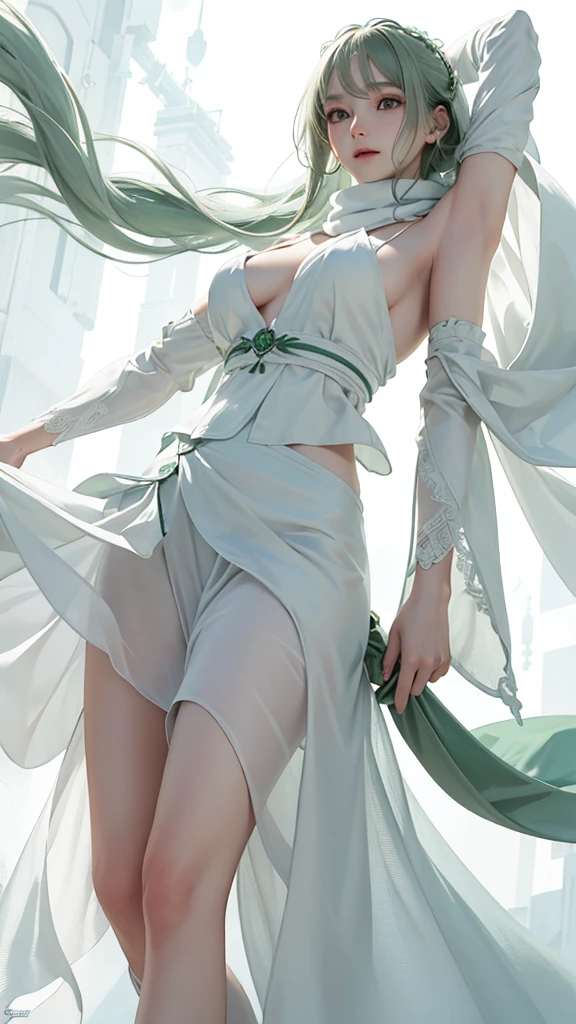 masterpiece, Highest quality, Realistic, (1 Girl: 1.3), green、Money、White clothes, Shawl Long Hair, Jump, leap, dance, green、Money、White clothes, Long skirt, Long scarf, Flowing, Light Armor, Pure white skin, Bare shoulders, whole body, (From below:1.5), martial arts, dynamics, inflammation, particle