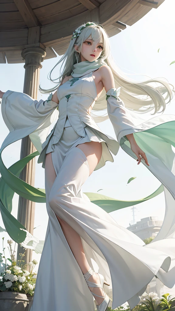 masterpiece, Highest quality, Realistic, (1 Girl: 1.3), green、Money、White clothes, Shawl Long Hair, Jump, leap, dance, green、Money、White clothes, Long skirt, Long scarf, Flowing, Light Armor, Pure white skin, Bare shoulders, whole body, (From below:1.5), martial arts, dynamics, inflammation, particle