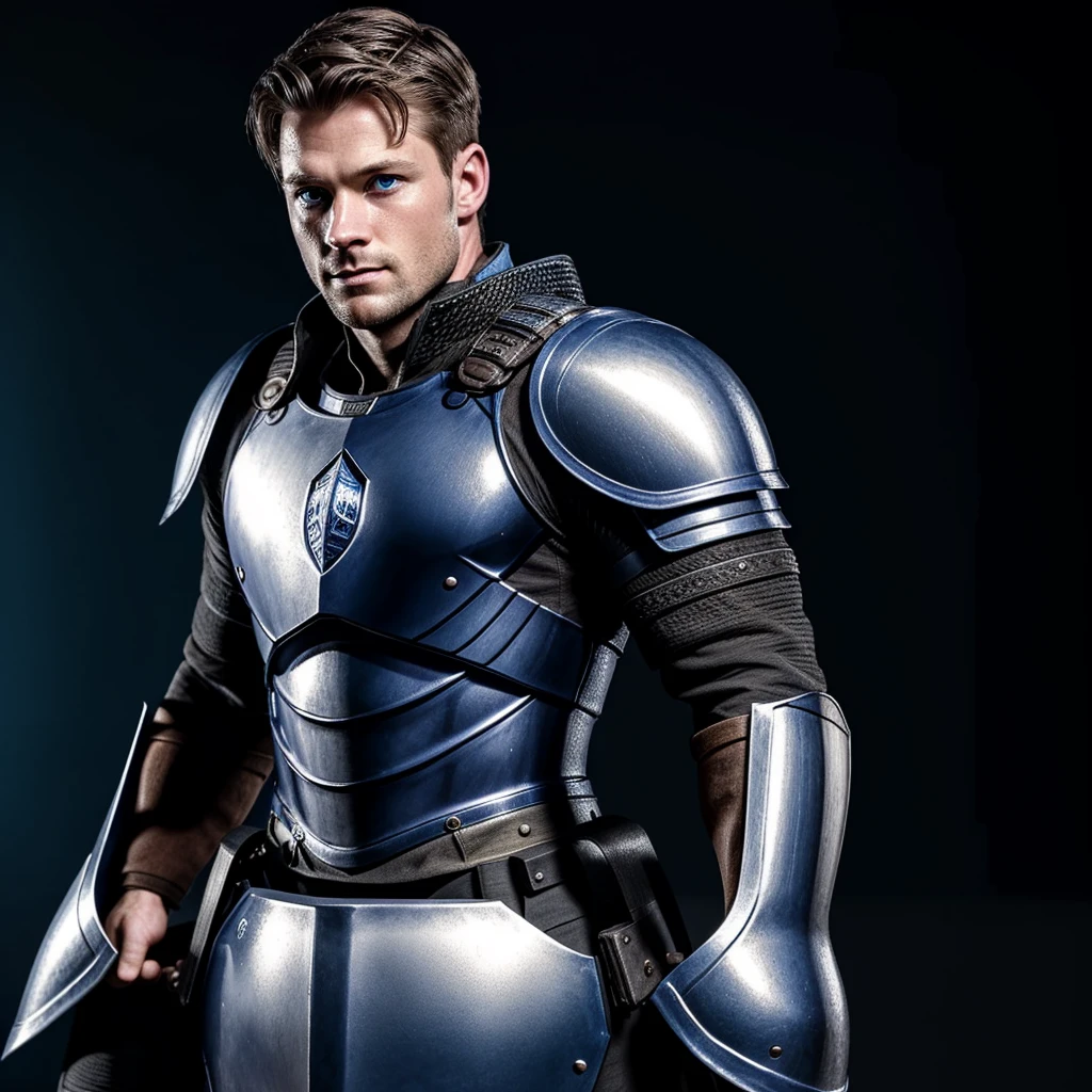 Knight, 4k, ultrarealistic, short hair, blue eyes, 29 years old, strong, solo, large, muscular