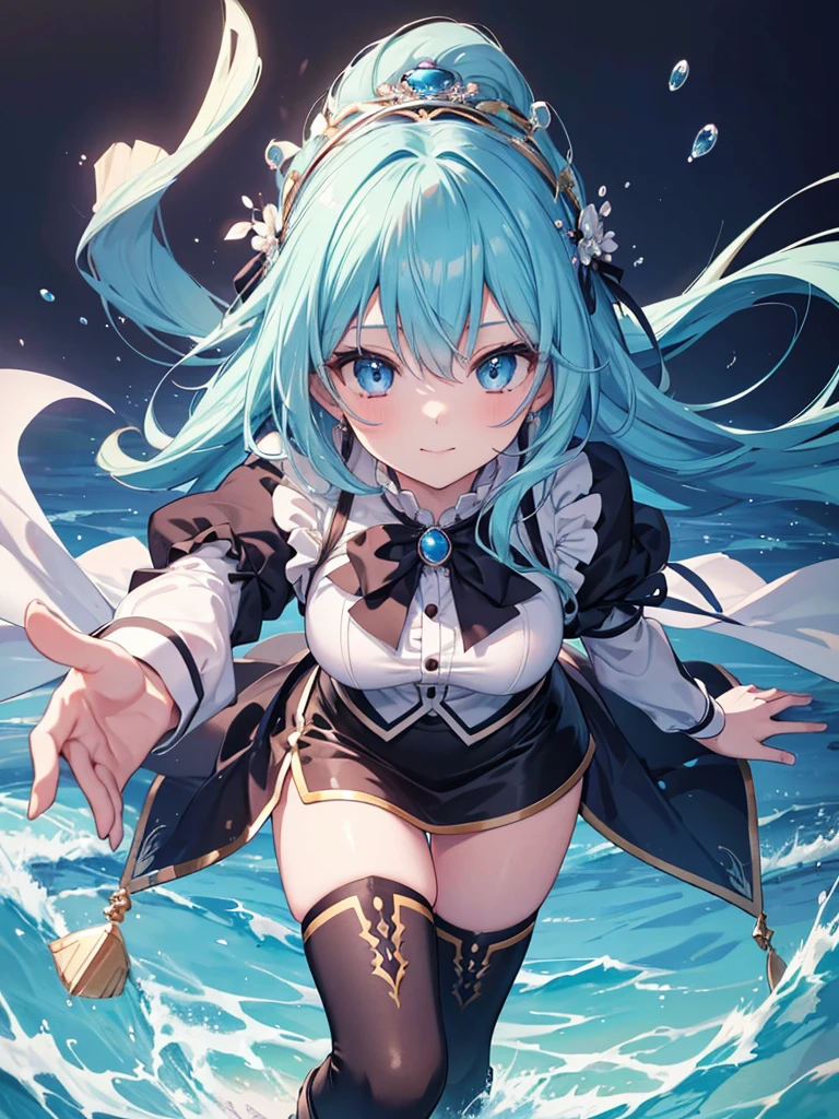 Gorgeous image quality, 8 k, high quality, masterpiece:1.2), ((masterpiece)), (high detail, high quality, Best Image Quality), solo, 1 girl, Konosuba ,aqua, blue hair, Blue eyes, detailed face, cheerful face, smiling, looks at the viewer,masterpiece, Beautiful art, art style by sciamano240, очень detailed face, detailed hair, detailed clothing, detailed fabric, Beautiful face, wear an open shirt, black Dior thigh-high boots, black pencil skirt, white shirt with buttons, I&#39;m standing, Stooping, huge breasts, middle thighs, turmoil, School Environment