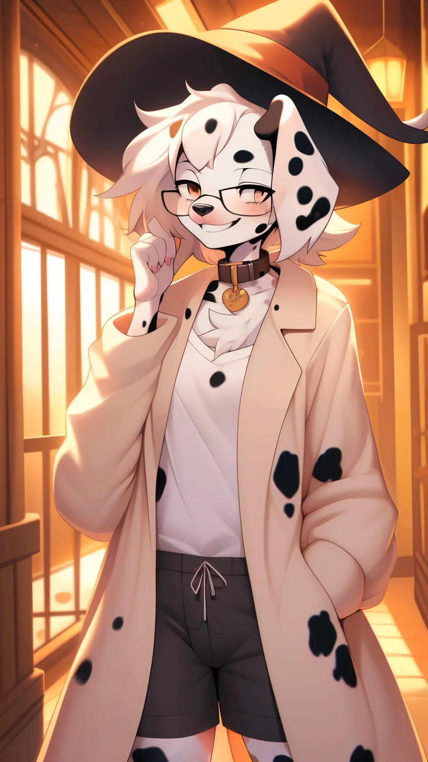  Best quality, Super detailed illustration, Warm colors, perfect lighting, (Fluffy Dalmatian girl:1.6), disheveled thick hair, shorts, huge coat with collar, Wide brimmed witch hat, baggy shirt, glasses  ,smug smile, happy drunk mood , femboy, slim, Perfect body,