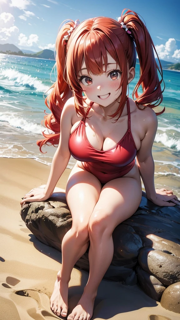ore no imouto ga konna ni kawaii wake ga nai, 25-yers-old girl with crimson red hair - pulled up into twintail, wearing an anime one piece swimsuit, smiling, beach cove background, full body portrait, sitting on the sand