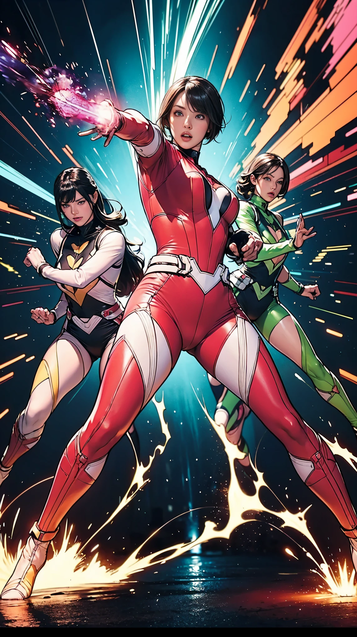 Solo, A brave and courageous image of a 6 member ranger team, Each one is decorated in vibrant colors such as:: ((Pink)), red is front of center, violet, Green, yellow, blue black, white,. Dynamic poses in a background that exudes energy and courage, neon, fire, plasma, Fluorescent, shocking, pink big bomber, splashing pink, running, fighting pose, action pose, Embodying the essence of the classic Sentai superhero team. Each Ranger:: The attire is sophisticated and modern, Each color has elements that reflect its theme., Ready for action. ((Camel Toe)), weapons, in sunset background , in cinematic lighting, cover art mixed cinema poster style,