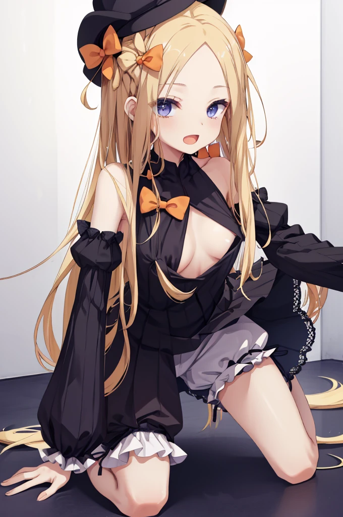 nsfw,((One man and one woman,Having sex)),Riding on top of a naked man,On all fours,Showing off her nipples,masterpiece, best quality, highres, hmaw1, long hair, hat, black dress, long sleeve, black sleeves, white bloomers, cowboy shot,Open Mouth Smile, Simple Background