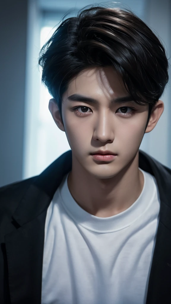 boy, kim bum, realistic ,masterpiece, best quality, serious expression, face serious, boy, korean man, highres, portrait, photo_light, dark hair, black hair, dark scene {{}}, ulzzang-6500-v1.1:0.9