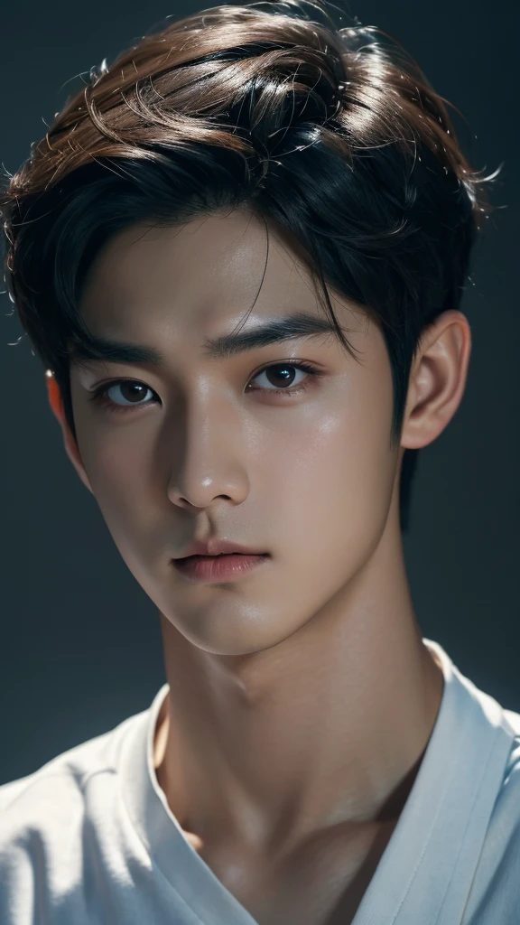 boy, kim bum, realistic ,masterpiece, best quality, serious expression, face serious, boy, korean man, highres, portrait, photo_light, dark hair, black hair, dark scene {{}}, ulzzang-6500-v1.1:0.9