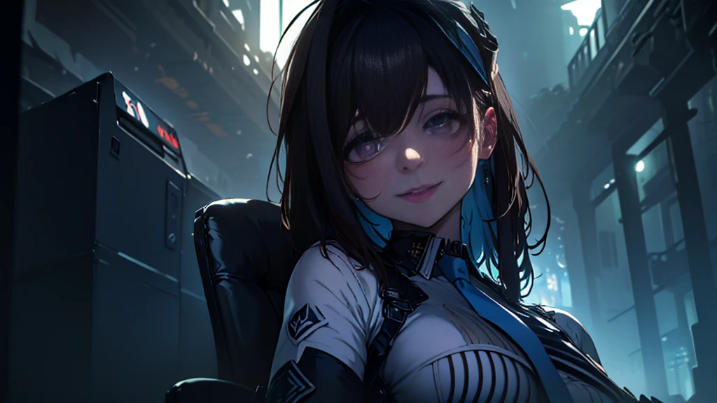 ((Best quality)), ((masterpiece)), (detailed:1.4), 3D, an image of a beautiful cyberpunk female, Yandere , Yandere Face , Trance , Trance Eyes , yameroyandere , constricted pupils , yandere , empty eyes . shaded face , crazy eyes , glowing brown eyes , crazy smile , Marian , tied hair, long brown hair , White Military Uniform , Brown Eyes, Blue Barret, Blue Necktie ,Blue Ribbon , White undercloth, large breasts, HDR (High Dynamic Range),Ray Tracing,NVIDIA RTX,Super-Resolution,Unreal 5,Subsurface scattering,PBR Texturing,Post-processing,Anisotropic Filtering,Depth-of-field,Maximum clarity and sharpness,Multi-layered textures,Albedo and Specular maps,Surface shading,Accurate simulation of light-material interaction,Perfect proportions,Octane Render,Two-tone lighting,Wide aperture,Low ISO,White balance,Rule of thirds,8K RAW,