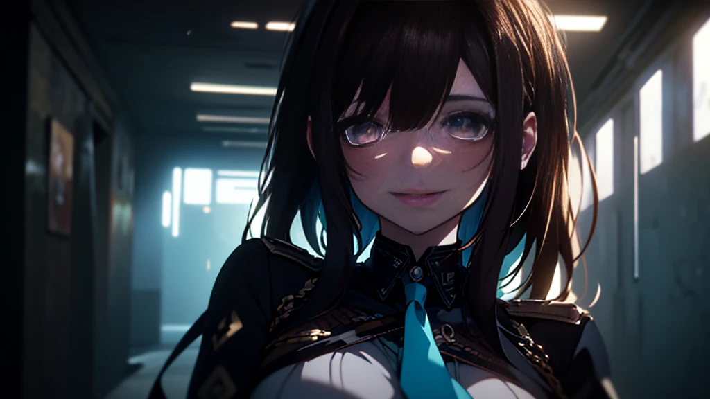 ((Best quality)), ((masterpiece)), (detailed:1.4), 3D, an image of a beautiful cyberpunk female, Yandere , Yandere Face , Trance , Trance Eyes , yameroyandere , constricted pupils , yandere , empty eyes . shaded face , crazy eyes , glowing brown eyes , crazy smile , Marian , tied hair, long brown hair , White Military Uniform , Brown Eyes, Blue Barret, Blue Necktie ,Blue Ribbon , White undercloth, large breasts, HDR (High Dynamic Range),Ray Tracing,NVIDIA RTX,Super-Resolution,Unreal 5,Subsurface scattering,PBR Texturing,Post-processing,Anisotropic Filtering,Depth-of-field,Maximum clarity and sharpness,Multi-layered textures,Albedo and Specular maps,Surface shading,Accurate simulation of light-material interaction,Perfect proportions,Octane Render,Two-tone lighting,Wide aperture,Low ISO,White balance,Rule of thirds,8K RAW,