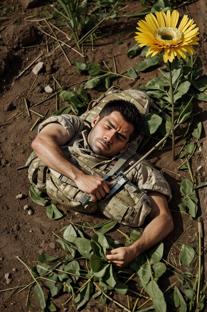 henera an image of a badly injured soldier clutching a flower