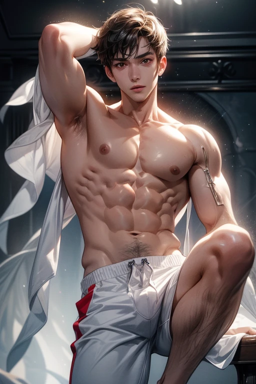 (absurderes, A high resolution, Ultra detailed, hdr), Masterpiece, Best quality, Portrait of a boy, Handsome boy with red eyes, Detailed face, Professional photo, The Alafed man is shirtless, Fight comfortably，legs are open, (puffynipple(From below:1.1)), Focus on your audience,18 year old boy, Handsome boy, [ Firmly defined body ]，Shirtless，The body is wrapped in a white bandage，Abs，chest muscle，short white pants，large bulge，white shoe，