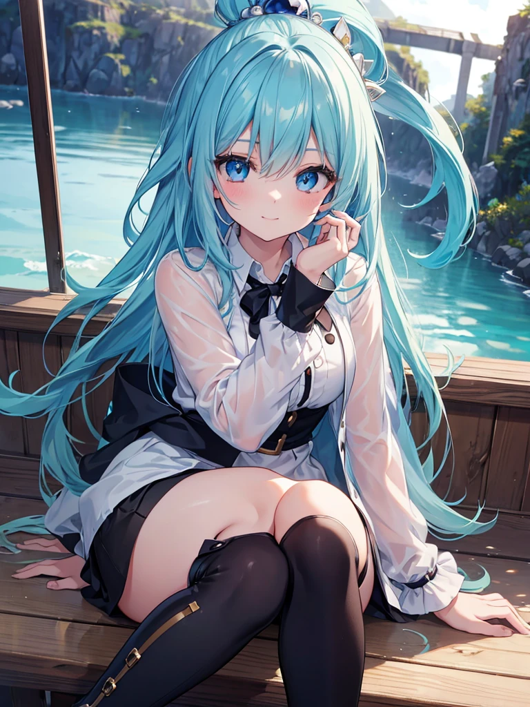 Gorgeous image quality, 8 k, high quality, masterpiece:1.2), ((masterpiece)), (high detail, high quality, Best Image Quality), solo, 1 girl, Konosuba ,aqua, blue hair, Blue eyes, detailed face, cheerful face, smiling, looks at the viewer,masterpiece, Beautiful art, art style by sciamano240, очень detailed face, detailed hair, detailed clothing, detailed fabric, Beautiful face, wear an open shirt, black Dior thigh-high boots, black pencil skirt, white shirt with buttons, I&#39;m standing, Stooping, huge breasts, middle thighs, turmoil, School Environment