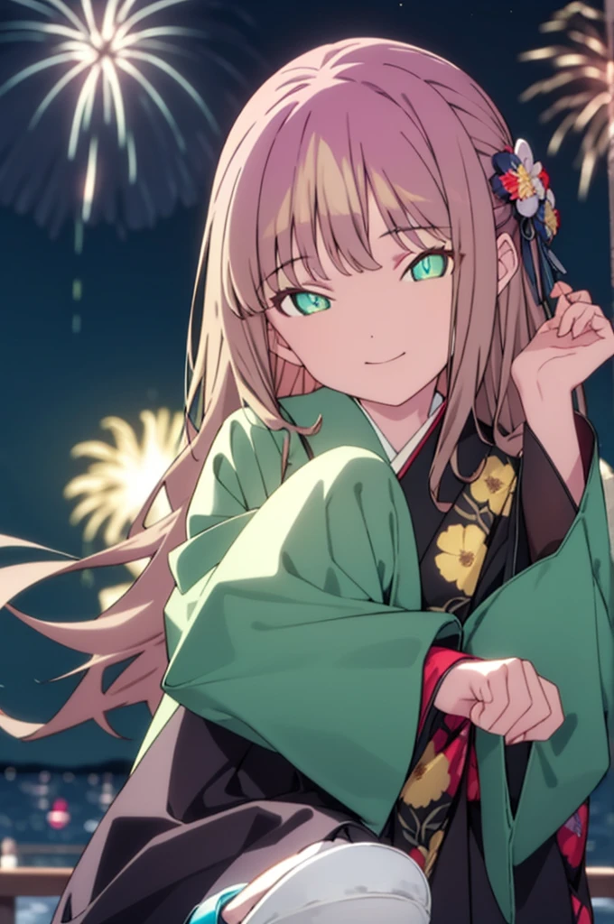 Yume Minami,sss dynazenon ,Brown Hair,Green Eyes,hair tied back,Flower hair ornament,Black Japanese Clothing,Thick sleeves,Sandals,So that the whole body goes into the illustration,smile,Fireworks in the night sky,Fireworks,The place is a fireworks display、Time is night,break outdoors, Festival,break looking at viewer, Upper Body,(Cowboy Shot:1. 5) , break (masterpiece:1.2), Highest quality, High resolution, unity 8k wallpaper, (shape:0.8), (Beautiful and beautiful eyes:1.6), Highly detailed face, Perfect lighting, Extremely detailed CG, (Perfect hands, Perfect Anatomy),